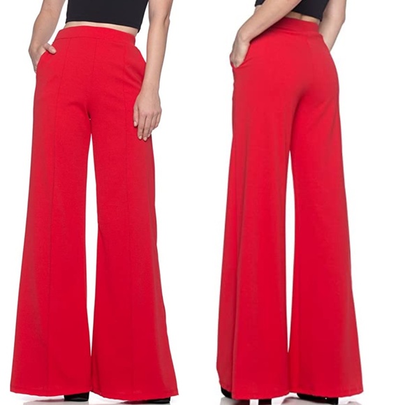 Bright Red Long Wide Leg Flare Bellbottom Palazzo Pants | Size Small - Picture 3 of 3
